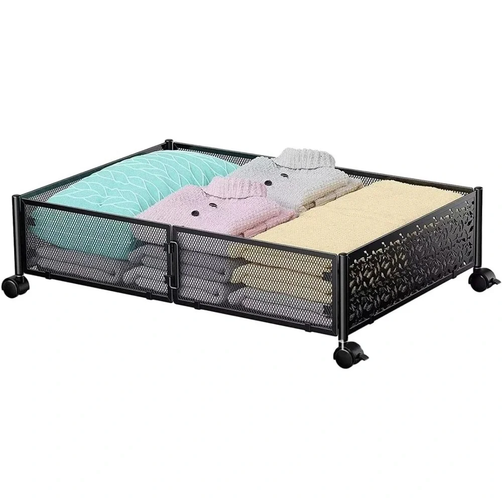 2 Black Metal Mesh Rolling Underbed Storage Bins Bird Leaf Design Foldable